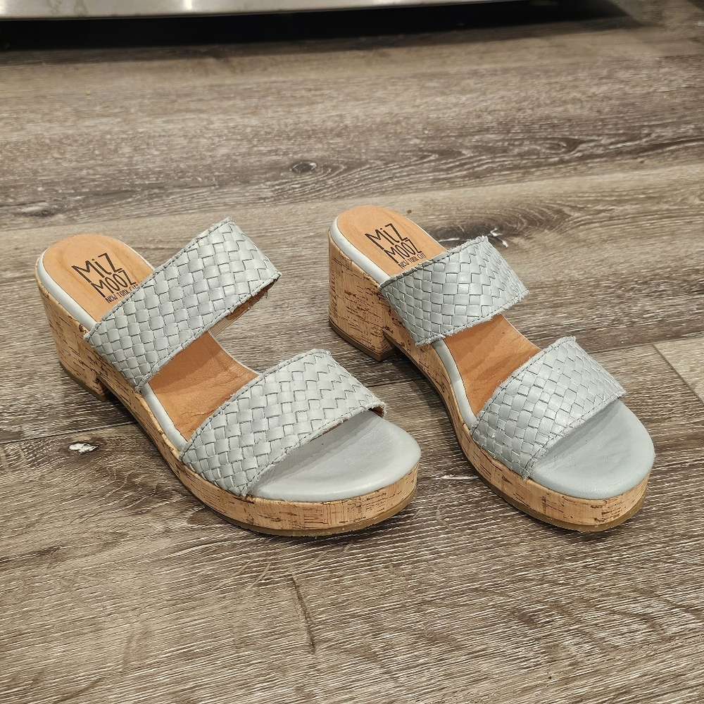 [NEW] Miz Mooz Women's Light Blue-Gray Woven Leather Sandals Genna Mules Heels
